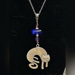 Artisan Boho Silver Cat Necklace with Blue & Purple Beaded Accents